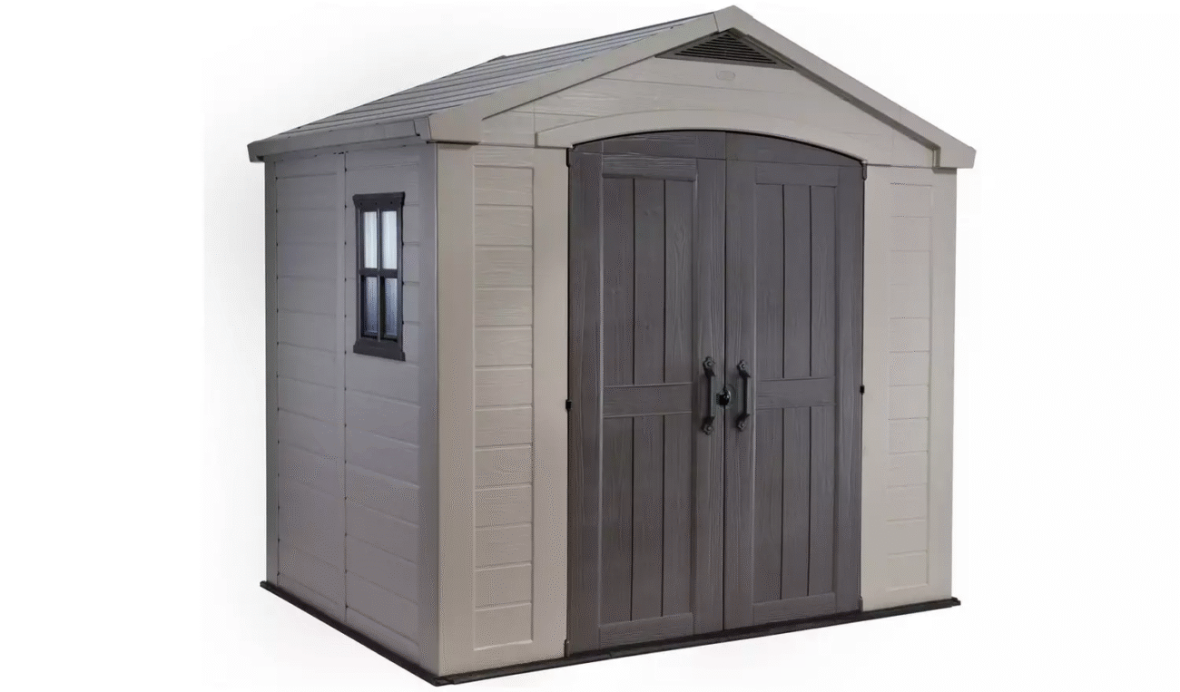 Durable Keter Factor Apex 8x6ft Beige/Brown Resin Garden Storage Shed with Double Doors and Window