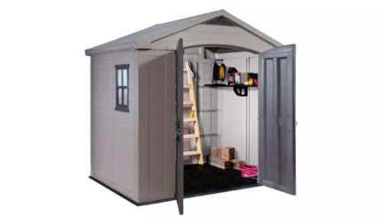 Durable Keter Factor Apex 8x6ft Beige/Brown Resin Garden Storage Shed with Double Doors and Window